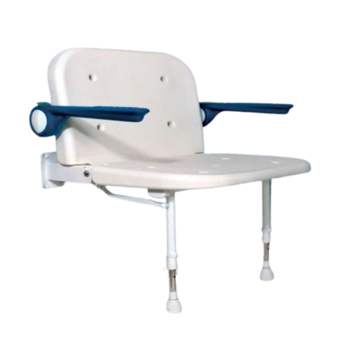 AKW 4000 Series Extra Wide Fold-Up Shower Seat with Back and Blue Arms