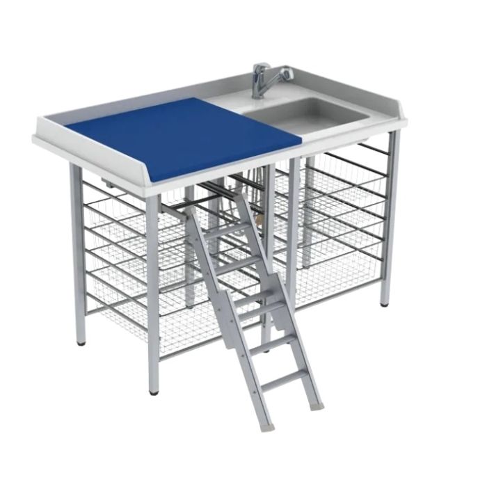 Granberg Changing Table 327, Fixed Height, Border Height 50mm, Laundry Sink Right with Mixer Tap, Ladder Left, Mattress and 8x Wire Baskets - 1400x800mm