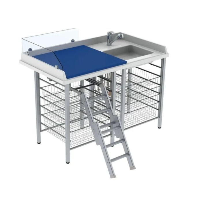 Granberg Changing Table 327, Fixed Height, Border Height 200mm, Laundry Sink Right with Mixer Tap, Ladder Left, Mattress and 8x Wire Baskets - 1400x800mm