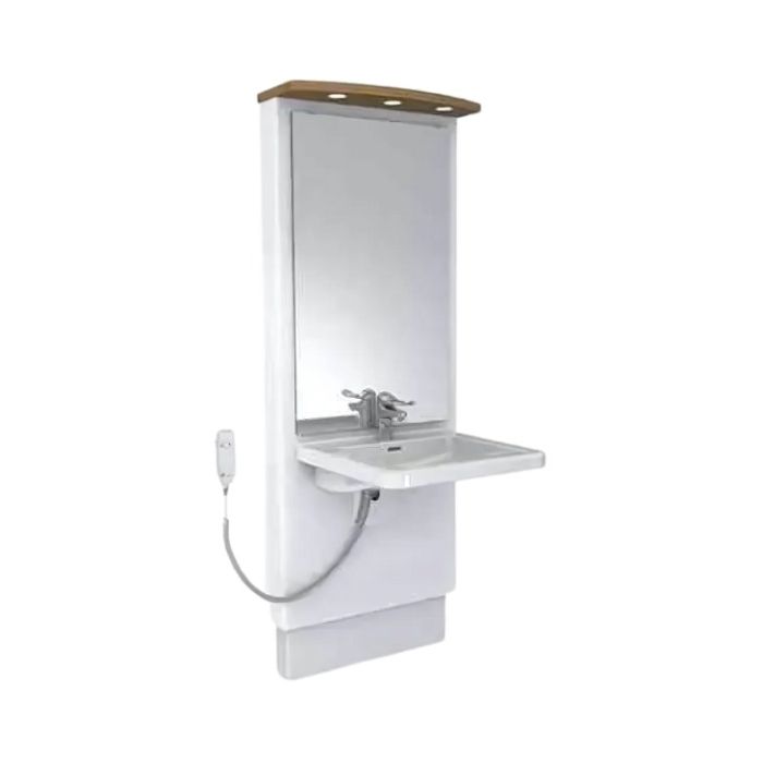 Granberg Electric Height Adjustable Washbasin System with Mirror & Lighting - DESIGNLINE 417-10 - White (Optional Granberg FMM Tap shown)