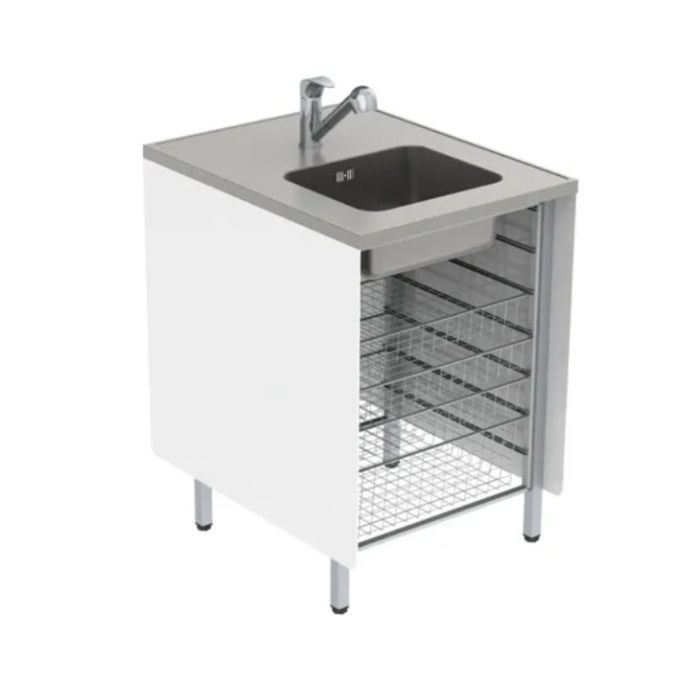 Granberg Washing Bench 328, Stainless Steel Worktop, Centre Sink - Tap, Side Panels, 4x Wire Baskets - 620mm Width